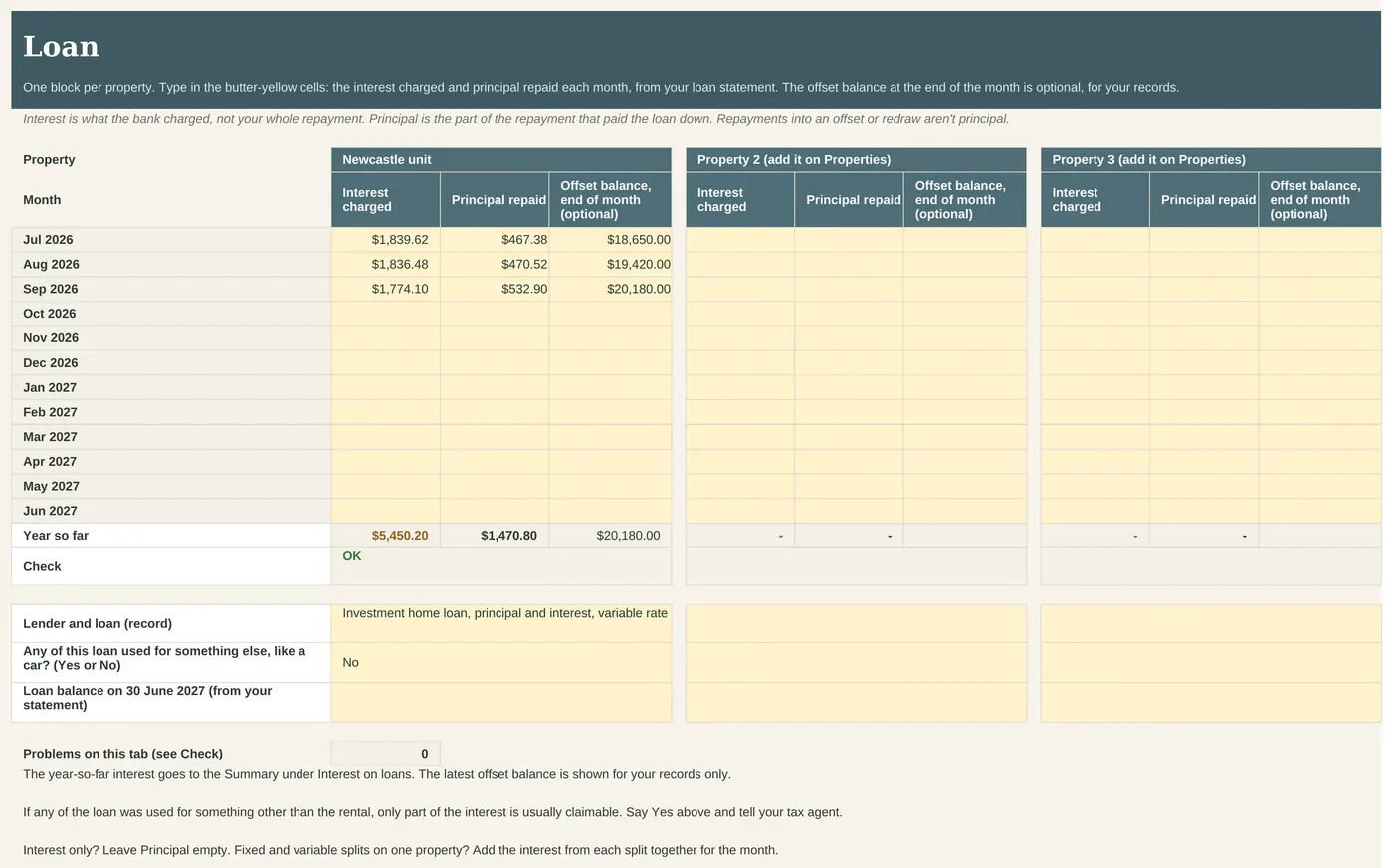 Loan tab with monthly interest