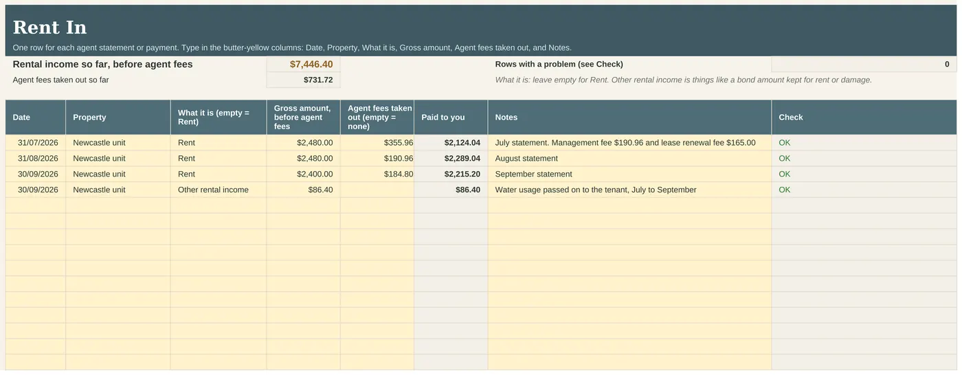Rent In tab with agent statements